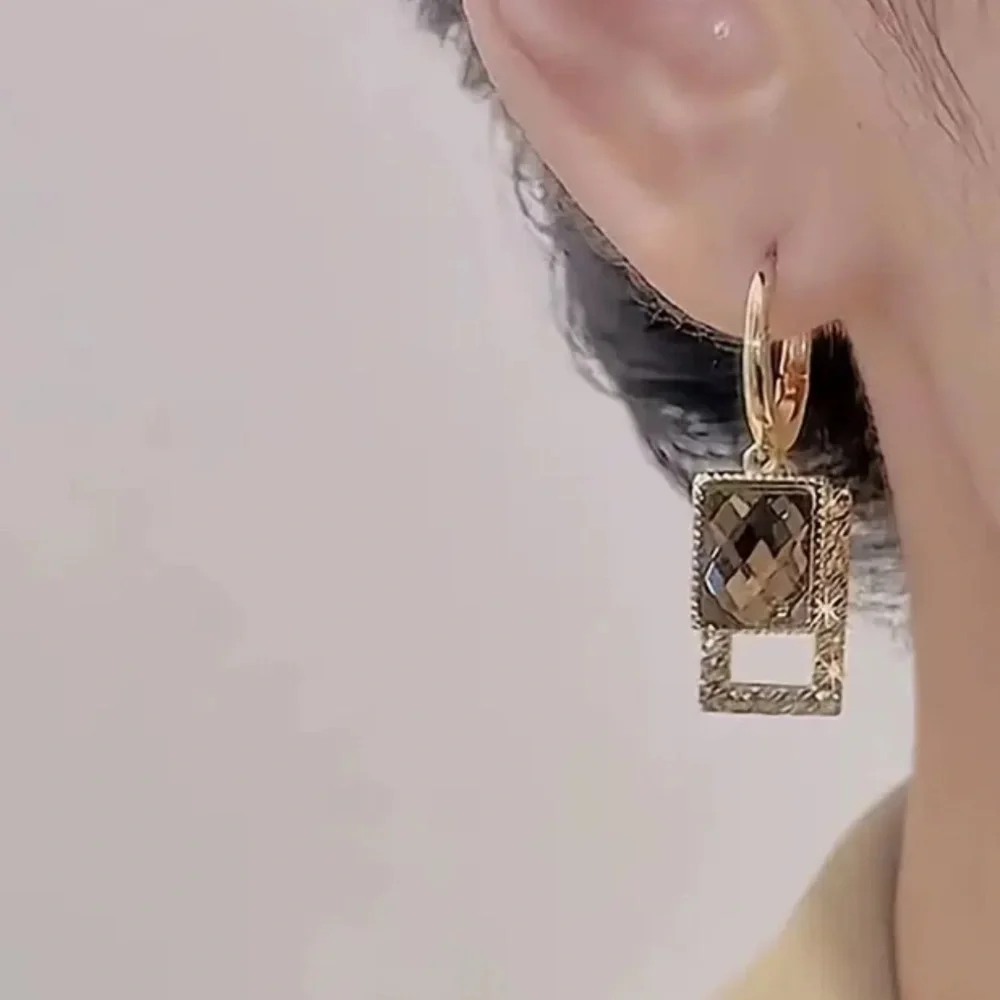 New Golden Elegance: Vintage Smoky Quartz Frame Drop Earrings Luxury Evening - Picture 2 of 3